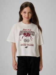 4F T-shirt boxy z nadrukiem dziewczęcy - kremowy 122/128 (6-8 lat). Białe koszulki dziewczęce 4f, bez wzorów, z bawełny, bez ramiączek. Za 49.99 zł.