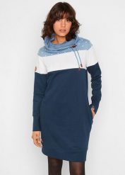 Sukienka dresowa z dużym kołnierzem. Niebieskie sukienki damskie bonprix, bez wzorów, z dresówki, bez kołnierzyka, bez ramiączek. Za 139.99 zł.
