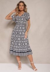 Granatowa Rozkloszowana Sukienka z Bawełny w Print Paisley Lanarisa. Niebieskie sukienki damskie Renee, na co dzień, na lato, l, bez wzorów, z bawełny, eleganckie, bez kołnierzyka, bez ramiączek, midi, rozkloszowane. Za 59.99 zł.