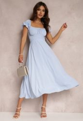 Niebieska Sukienka o Rozkloszowanym Kroju z Wiązaniem Perolis. Niebieskie sukienki damskie Renee, l, bez wzorów, eleganckie, bez kołnierzyka, bez ramiączek, midi, rozkloszowane. W wyprzedaży za 104.99 zł.