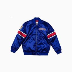 Gruba satynowa kurtka Philadelphia 76ers. Niebieskie kurtki męskie Mitchell & Ness, l, bez wzorów, z satyny, retro, bez kaptura. Za 489.50 zł.