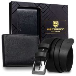 Zestaw prezentowy: skórzany, poziomy portfel męski w czarnym kolorze z systemem RFID i pasek ze skóry ekologicznej - Peterson. Czarne paski męskie Peterson, bez wzorów, ze skóry ekologicznej. Za 109.00 zł.