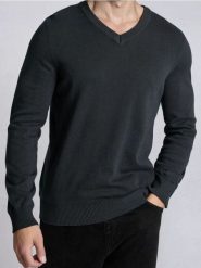 Bawełniany sweter z dekoltem V - szary. Szare swetry męskie Sinsay, l, bez wzorów, z bawełny, bez kołnierzyka. Za 39.99 zł.