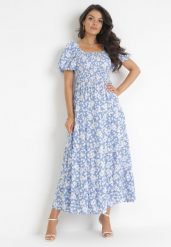 Niebieska Rozkloszowana Sukienka Maxi w Kwiaty Casceia. Niebieskie sukienki damskie Born2be, m, bez wzorów, bez kołnierzyka, bez ramiączek, maxi, rozkloszowane. W wyprzedaży za 71.99 zł.