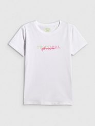 4F T-shirt slim z nadrukiem damski - biały L. Białe t-shirty damskie 4f, l, bez wzorów, z bawełny, bez kołnierzyka. Za 59.99 zł.