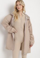 Beżowa Przejściowa Kurtka Dwustronna z Kapturem i Metalicznym Połyskiem Tashta. Brązowe kurtki damskie Born2be, l, bez wzorów, z kapturem. Za 199.99 zł.