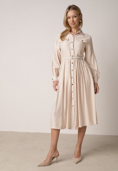 Beżowa Wiskozowa Sukienka Koszulowa z Paskiem Andranassa. Brązowe sukienki damskie Born2be, na co dzień, l, bez wzorów, ze skóry, eleganckie, bez kołnierzyka, bez ramiączek, midi, koszulowe. Za 139.99 zł.