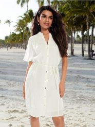 Sukienka mini koszulowa - kremowy. Białe sukienki damskie Sinsay, l, bez wzorów, ze skóry, bez kołnierzyka, bez ramiączek, mini, koszulowe. W wyprzedaży za 35.99 zł.