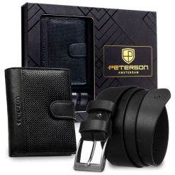 Zestaw prezentowy: skórzany, pionowy portfel męski w czarnym kolorze i czarny pasek ze skóry ekologicznej - Peterson. Czarne paski męskie Peterson, bez wzorów, ze skóry ekologicznej. Za 109.00 zł.