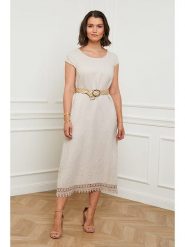 Curvy Lady Lniana sukienka w kolorze beżowym rozmiar: 44/46. Brązowe sukienki damskie Curvy Lady, na co dzień, bez wzorów, z koronki, klasyczne, bez kołnierzyka, bez ramiączek, maxi, proste. Za 144.95 zł.