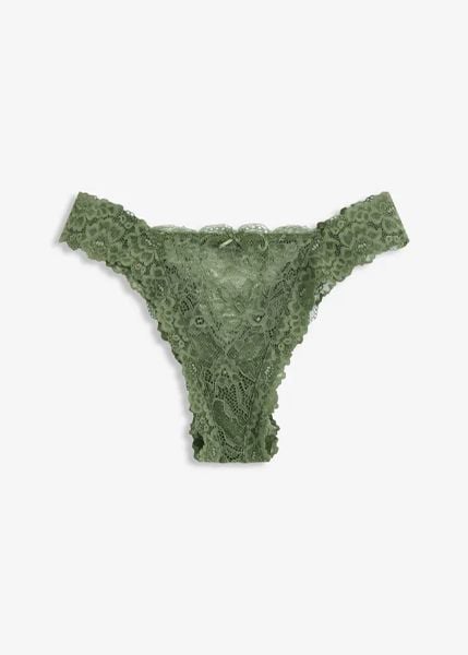Figi brazylijskie z koronki. Zielone figi damskie bonprix, bez wzorów, z koronki. Za 32.99 zł.