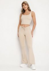 Beżowy Komplet Sportowy Top na Ramiączkach i Spodnie Dzwony ze Ściągaczem Froessa. Brązowe spodnie materiałowe damskie Born2be, bez wzorów, eleganckie. Za 89.99 zł.