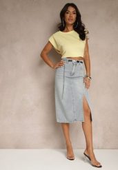 Jasnoniebieska Jeansowa Spódnica z Bawełny z Łańcuchem Lilurea. Niebieskie spódniczki damskie Renee, l, bez wzorów, z bawełny, eleganckie, midi, koszulowe. Za 59.99 zł.