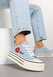 Niebieskie Trampki na Grubej Podeszwie z Aplikacją i Napisem Eheria. Niebieskie trampki i tenisówki damskie Renee, z aplikacjami, z jeansu. Za 74.99 zł.