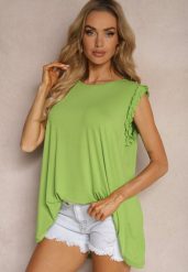Jasnozielony Casualowy Top z Wiskozy Ozdobiony Falbanką przy Ramionach Dimrie. Zielone topy damskie Renee, l, bez wzorów, z materiału, bez kołnierzyka. Za 39.99 zł.