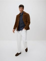 Jeansowa koszula slim fit - granatowy. Niebieskie koszule męskie Reserved, l, bez wzorów, z denimu, bez kołnierzyka, bez ramiączek. Za 129.99 zł.