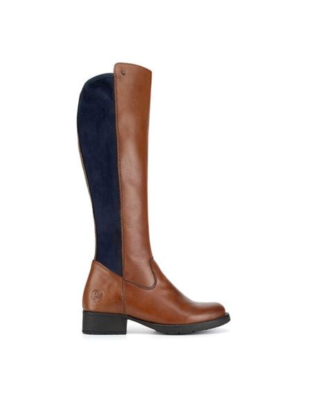 Rieker Kozaki Z9591-23 Brązowy. Brązowe kozaki damskie Rieker, ze skóry, bez obcasa, na płaskiej podeszwie. Za 399.00 zł.