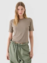 4F T-shirt slim gładki damski - brązowy L. Brązowe t-shirty damskie 4f, l, bez wzorów, z dzianiny, bez kołnierzyka. W wyprzedaży za 19.99 zł.