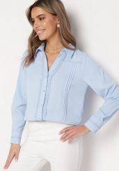 Niebieska Koszula z Koronkową Lamówką Latorena. Niebieskie koszule damskie Born2be, l, bez wzorów, z koronki, eleganckie, bez kołnierzyka, bez ramiączek. Za 74.99 zł.