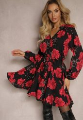 Czarno-Czerwona Sukienka w Kwiatowy Print o Rozkloszowanym Kroju z Wiązaniem w Talii Ameriana. Czerwone sukienki damskie Renee, na co dzień, na lato, m, bez wzorów, eleganckie, bez kołnierzyka, bez ramiączek, mini, kopertowe. W wyprzedaży za 90.99 zł.