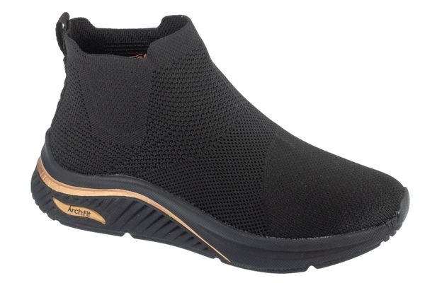 Buty sportowe damskie, Arch Fit S-Miles - Sock Walk. Czarne buty sportowe na co dzień damskie Skechers, bez wzorów, z materiału, trekkingowe. Za 289.99 zł.