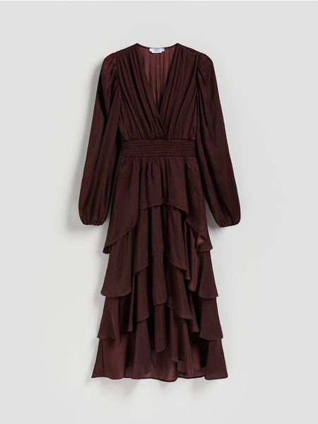 Sukienka maxi w groszki - bordowy. Czerwone sukienki damskie Reserved, l, bez wzorów, z tkaniny, bez kołnierzyka, bez ramiączek, maxi, rozkloszowane. W wyprzedaży za 179.99 zł.