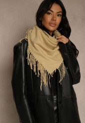 Beżowy Szalik w Kształcie Trójkąta z Frędzlami Vetifare. Brązowe szaliki i kominy damskie Renee, bez wzorów, z jeansu. Za 34.99 zł.