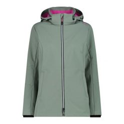 Kurtka damska turystyczna CMP 3A22226. Zielone kurtki damskie CMP, l, bez wzorów, z softshellu, z kapturem. W wyprzedaży za 418.45 zł.