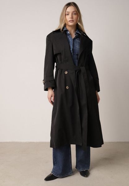 Czarny Bawełniano-Wiskozowy Płaszcz Trencz z Wiązanym Paskiem i Klapą Lissana. Czarne płaszcze damskie Born2be, l, bez wzorów, z bawełny, eleganckie. Za 219.99 zł.