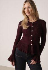 Bordowy Elegancki Kardigan z Wiskozy z Falbankami i Guzikami z Cyrkoniami Orsea. Czerwone kardigany damskie Born2be, z aplikacjami, z jeansu. Za 119.99 zł.