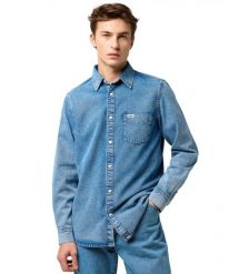 MESKA KOSZULA JEANSOWA WRANGLER 1 PKT SHIRT INDIGO VALLEY 112371549. Niebieskie koszule męskie Wrangler, l, bez wzorów, z jeansu, bez kołnierzyka, bez ramiączek. Za 169.99 zł.