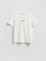 T-shirt regular z nadrukiem - złamana biel. T-shirty męskie Reserved, l, bez wzorów, z dzianiny, bez kołnierzyka. Za 59.99 zł.