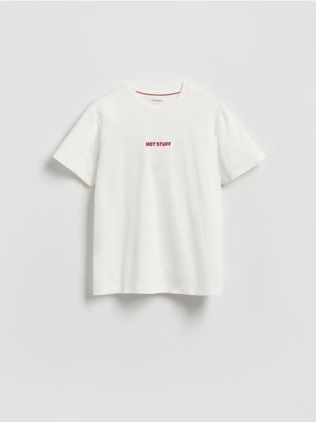 T-shirt regular z nadrukiem - złamana biel. T-shirty męskie Reserved, l, bez wzorów, z dzianiny, bez kołnierzyka. Za 59.99 zł.