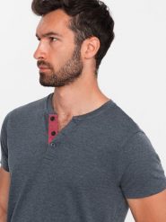 T-shirt męski z rozpinanym okrągłym dekoltem henley – granatowy V5 OM-TSCT-0155 - XXL. Niebieskie t-shirty męskie Ombre Clothing, l, bez wzorów, z bawełny, bez kołnierzyka. Za 65.99 zł.