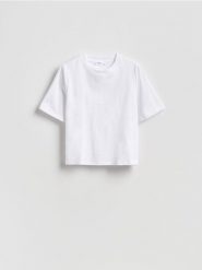 T-shirt z bawełną - biały. Białe t-shirty damskie Reserved, l, bez wzorów, z bawełny, bez kołnierzyka. Za 59.99 zł.