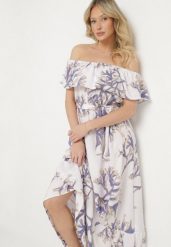 Niebiesko-Biała Sukienka Hiszpanka o Rozkloszowanym Kroju z Wiązanym Paskiem Sesiniela. Niebieskie sukienki damskie Born2be, na co dzień, l, bez wzorów, eleganckie, bez kołnierzyka, bez ramiączek, maxi, rozkloszowane. W wyprzedaży za 63.99 zł.