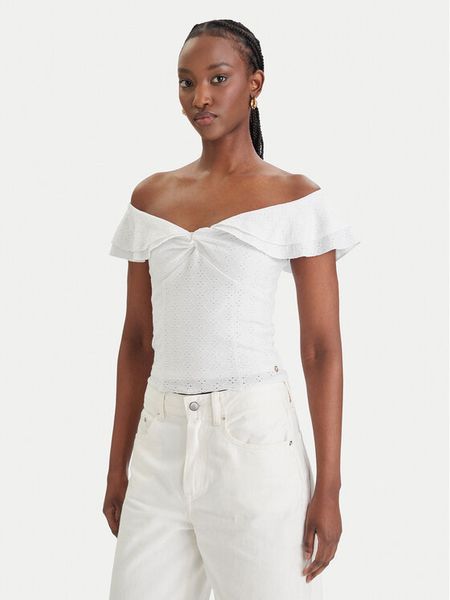 Guess Bluzka W6GP23 K3106 Biały Regular Fit. Białe bluzki damskie Guess, s, z aplikacjami, z syntetyku, bez ramiączek. Za 329.99 zł.