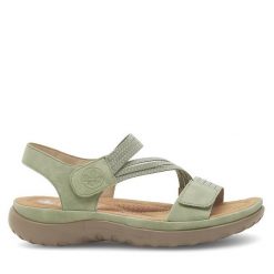 Sandały Rieker. Zielone sandały damskie Rieker, bez wzorów, bez obcasa, na płaskiej podeszwie. Za 319.99 zł.