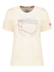Geographical Norway Koszulka w kolorze kremowym rozmiar: L. Brązowe bluzki damskie Geographical Norway, l, bez wzorów, z bawełny, bez kołnierzyka, bez ramiączek. Za 57.06 zł.