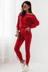 Welurowy Komplet Bluza i Spodnie - Czerwony. Czerwone bluzy bez kaptura damskie Ivon, bez wzorów, z materiału. Za 279.90 zł.