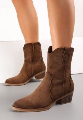 Brązowe Botki Kowbojki z Imitacji Zamszu Navve. Brązowe botki damskie Born2be, na lato, z jeansu, eleganckie, bez obcasa, na płaskiej podeszwie, bez zapięcia. Za 139.99 zł.