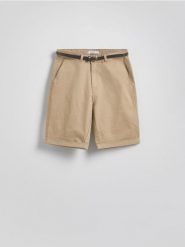 Szorty chino z paskiem - beżowy. Brązowe szorty damskie Reserved, bez wzorów, z bawełny. Za 79.99 zł.