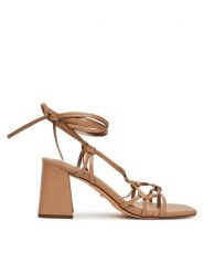 DeeZee Sandały F8755-1 Beżowy. Brązowe sandały damskie DeeZee, bez wzorów, z materiału, bez obcasa, na słupku. Za 139.99 zł.