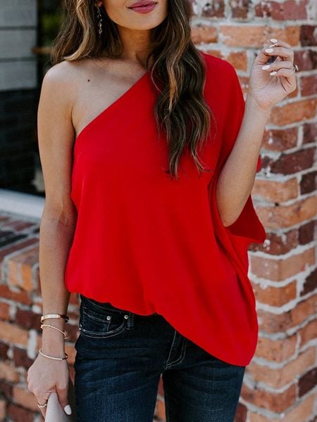 LA Angels Bluzka w kolorze czerwonym rozmiar: S. Czerwone bluzki damskie LA Angels, s, bez wzorów, z asymetrycznym kołnierzem, bez ramiączek. Za 92.21 zł.