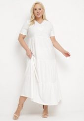 Biała Rozkloszowana Sukienka z Krótkim Rękawem i Ozdobnymi Haftami Guletta. Białe sukienki damskie Born2be, na imprezę, plus size, bez wzorów, bez kołnierzyka, plus size, bez ramiączek, maxi, rozkloszowane. W wyprzedaży za 55.99 zł.