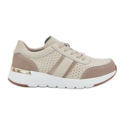 Skórzane Lekkie Sneakersy Buty Sportowe Damskie Beżowe beżowy. Brązowe buty sportowe na co dzień damskie bez wzorów, ze skóry. Za 267.69 zł.
