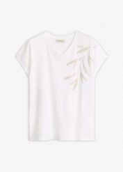 T-shirt z bawełny organcznej. Niebieskie t-shirty damskie bonprix, z aplikacjami, z bawełny, bez kołnierzyka. Za 69.99 zł.
