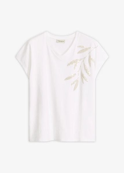T-shirt z bawełny organcznej. Niebieskie t-shirty damskie bonprix, z aplikacjami, z bawełny, bez kołnierzyka. Za 69.99 zł.