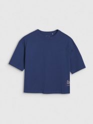 4F T-shirt oversize z nadrukiem damski - granatowy XS. Niebieskie t-shirty damskie 4f, xs, bez wzorów, z bawełny, bez kołnierzyka. W wyprzedaży za 39.99 zł.