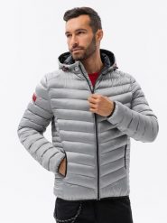 Sportowa pikowana męska kurtka o satynowym wykończeniu – szara V17. Szare kurtki treningowe męskie Ombre Clothing, m, z aplikacjami, z materiału. W wyprzedaży za 139.99 zł.